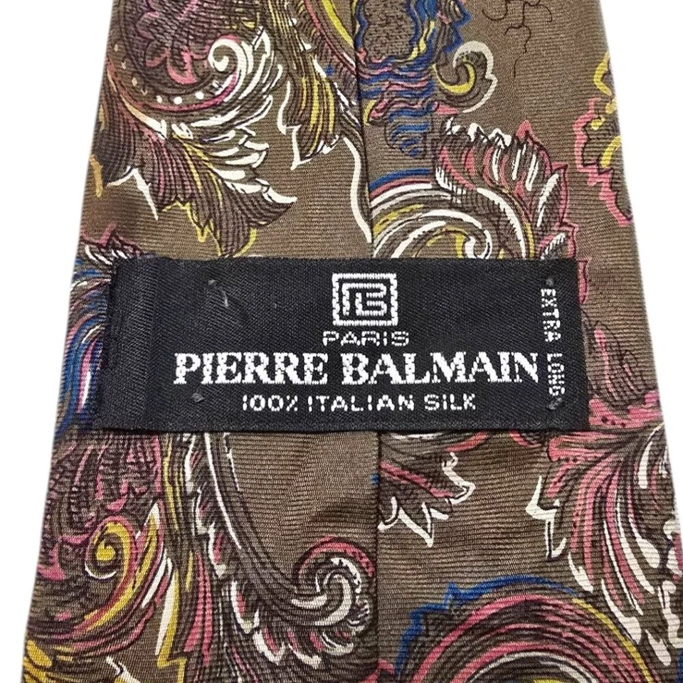 Corbata de seda italiana extra larga Pierre Balmain Paris verde oliva cachemira Foto 4 de 4