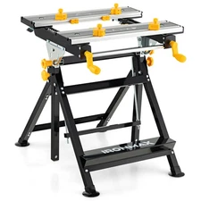 Folding Work Table Portable Workbench w/ Adjustable Height & Tiltable Platform
