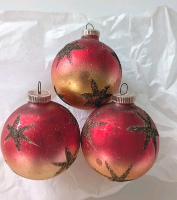 Vtg 3 Mercury Glass Atomic Star Christmas Ornaments West Germany (Yellow & Red)