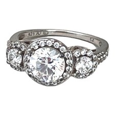 Vintage Sterling Silver Ring Size 7 Cubic Zirconia Engagement Signed 3 Stone 5X