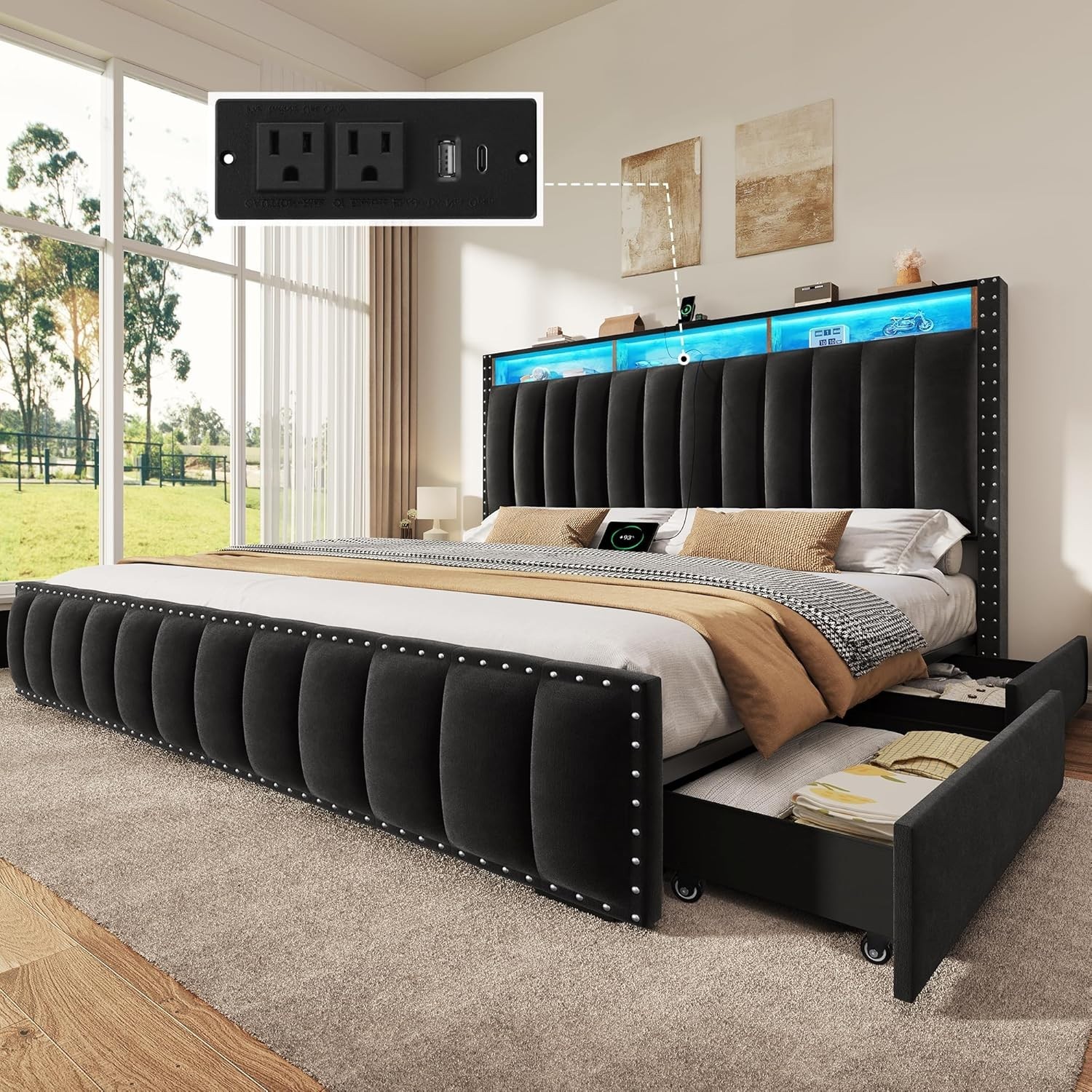 With 4 Storage Drawers King Bed Frame And Headboard Upholste