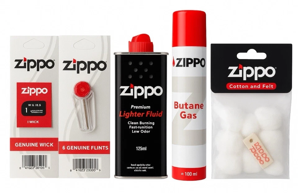 4 Genuine Original Zippo Premium Lighter Fuel Fluid Refill 1 Wick & 6 Flints