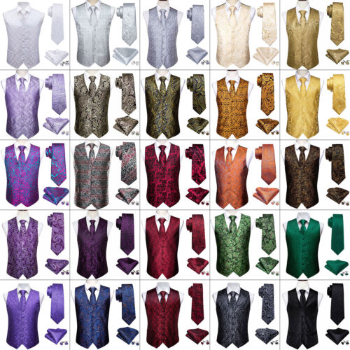 Barry Wang Mens Waistcoat Silk Paisley Floral Vest Suit Tie Set Tuxedo Gilet 5XL - Zdjęcie 1 z 163