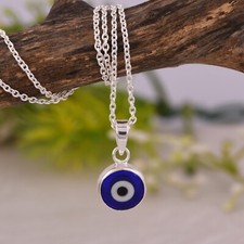 Turkish lucky Evil Eye Beads Pendent & Necklace Blue Resin 925 Silver Jewelry