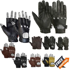 Mens Driving Gloves Basic Soft Goat Leather Fingerless Breathable Biker