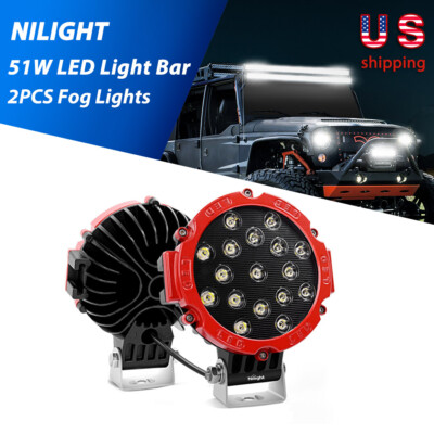 Nilight 2PCS 7''Inch 51W LED Work Lights Pods OffRoad Spot Car fit for JEEP Truck