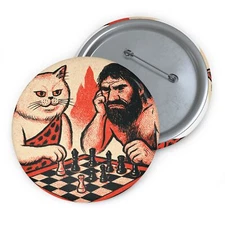 Custom Pin Button Badge Cat vs. Caveman Chess Risograph Art