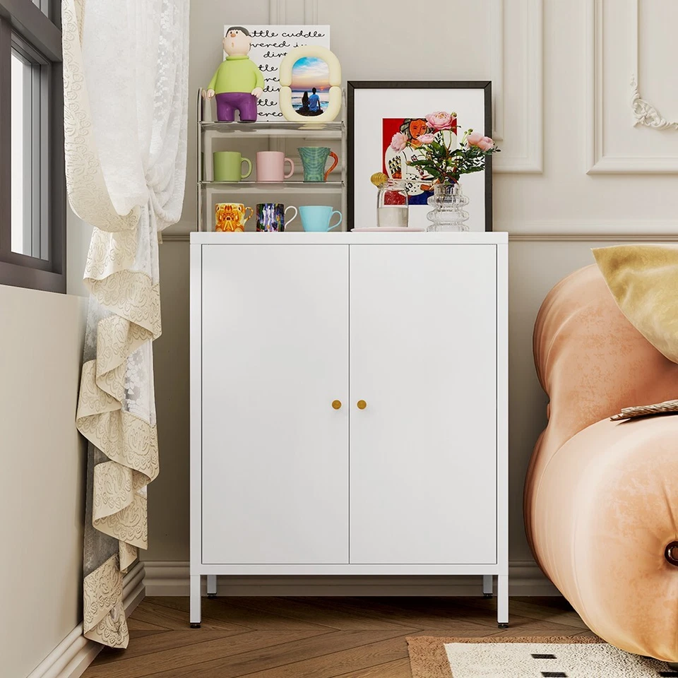 Gabinete de almacenamiento con detalles metálicos de 2 puertas con 2 estantes extraíbles para oficina en casa Foto 3 de 4