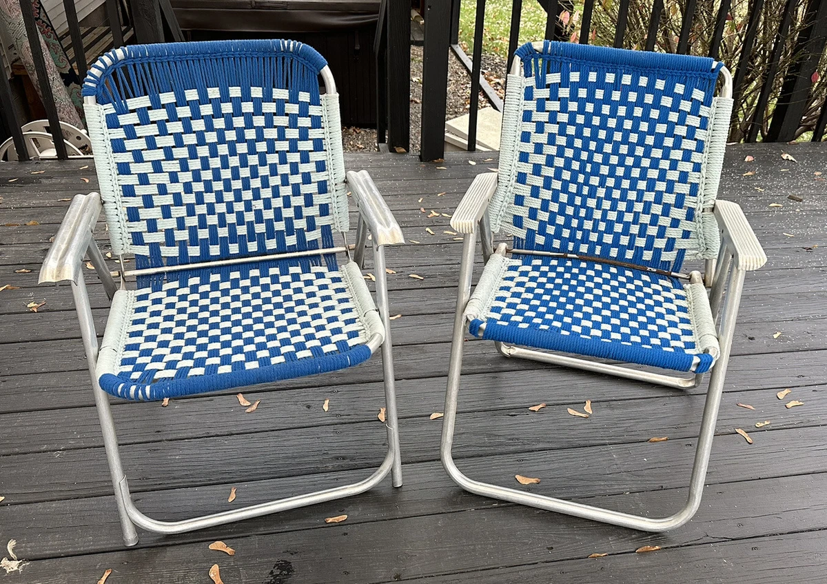 Aluminum Folding Lawn Chairs Woven Macrame Blue Grey Lot Of 2