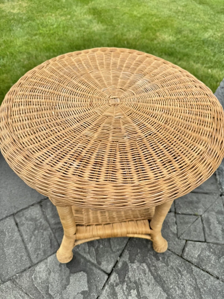 Vintage Wicker Round End Table Accent Side Plant Table Stand Two Tier H23xD21” - Image 4 of 4