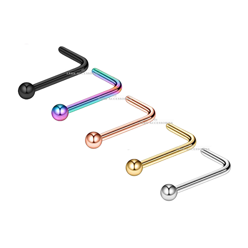 Piercing de fosa nasal de hueso con pasador recto de acero inoxidable con tachuelas para nariz en forma de L de bola lisa