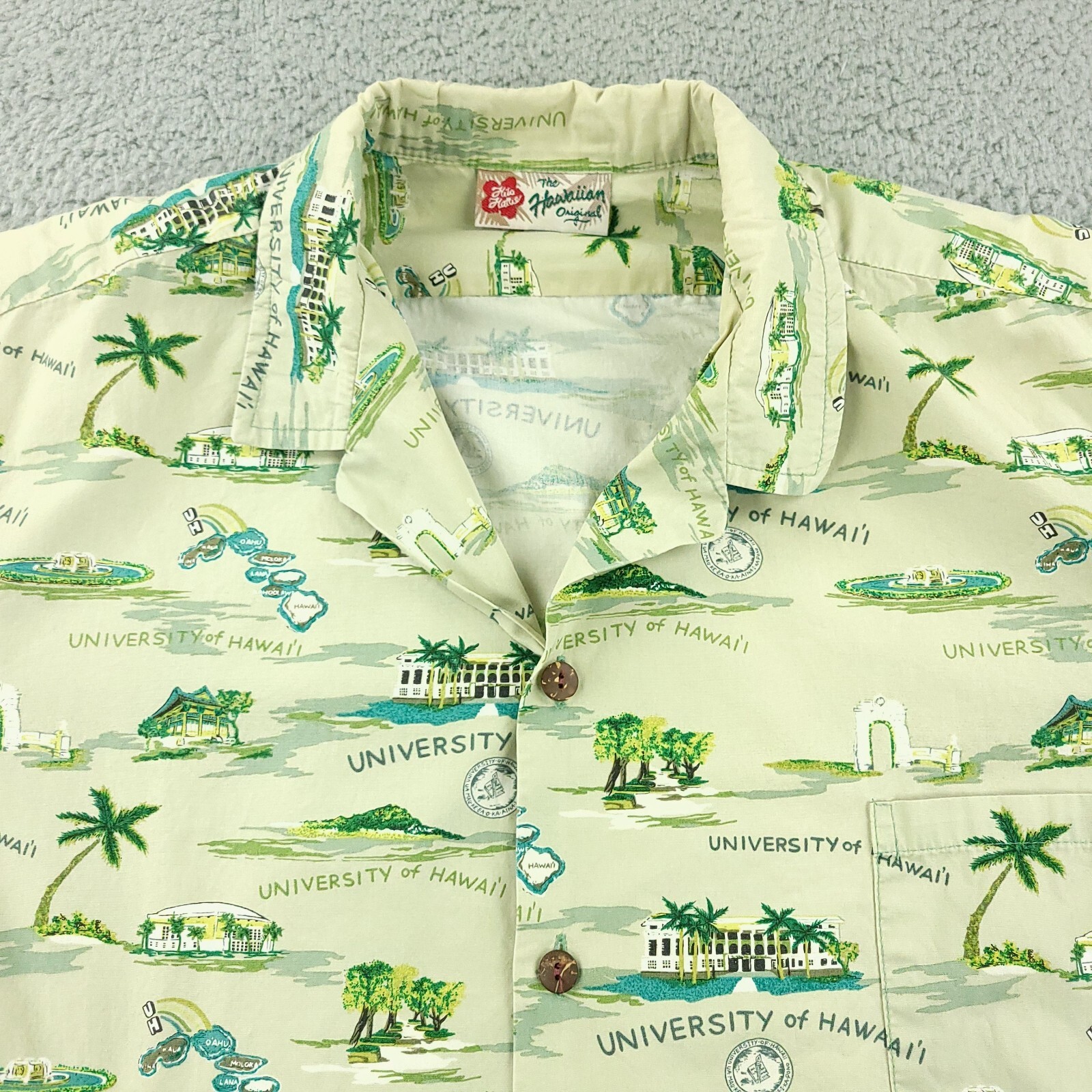 Vintage Hilo Hattie Shirt Mens 2XL XXL Green University of Hawaii Tropical Aloha