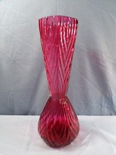 Large Fenton Cranberry Glass Vase w/ Geometric Design TINY NICKS ON SIDE