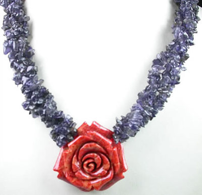 Statement 4 Strand Iolite Necklace  Rose Coral Flower Wedding Mother of bride