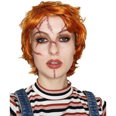Allaura Evil Puppe Orange Perücke & Narbe Tattoos - Chucky Halloween Kostüm