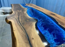 Unique Blue Epoxy & Wood Slab Dining Table | Custom River Table Top
