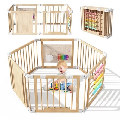6 Panels Foldable Wooden Baby Playpen Freestanding Kids Activity Yard for Indoor