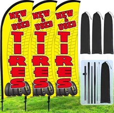 3 Sets Tires Shop Feather Flags with Poles 7ft New and Use Tires Flags for Bu...