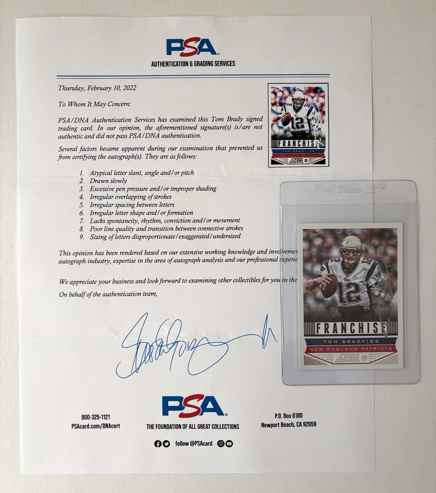 2013 Panini Score #285 Tom Brady Auto | PSA/DNA: “Not Authentic” w/ Letter NFL view 1