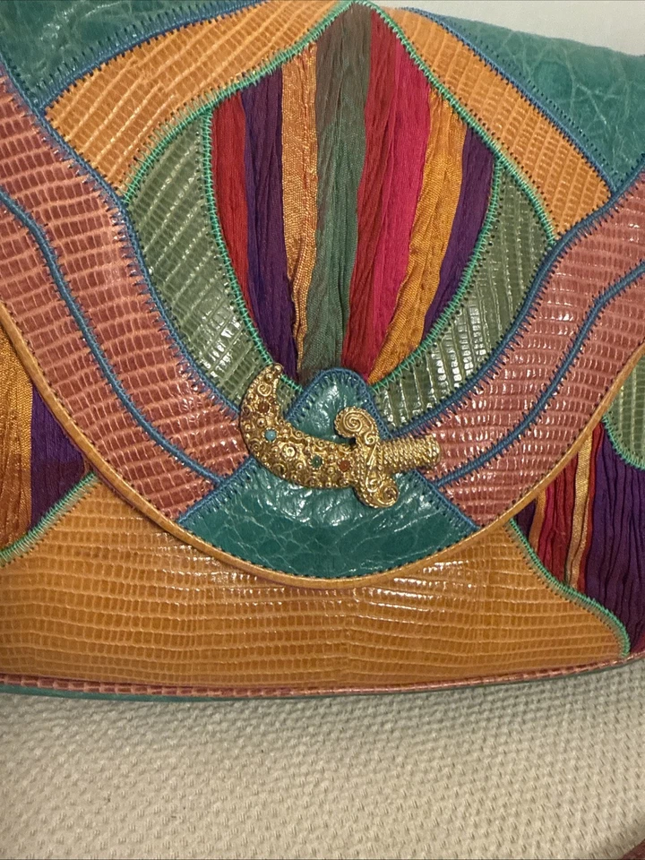 VTG 80s Exotic Sharif Shoulder Handbag Crossbody Patchwork Purse Scimitar Motif - Image 2 of 4