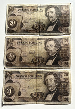 Three (3) 20 Austrian Schilling (60 Sch.) -- 1967 Carl Ritter Vintage Banknote