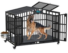 48 Inch Heavy Duty Metal Dog Crate with Lockable Wheels and 2 Adjustable Bowls