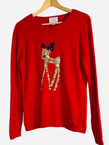 Antoni & Alison Size L Red Sequin Reindeer Cashmere Blend Crew Neck Sweater