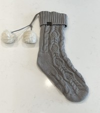 UGG Seal Gray Cable Knit Christmas Stocking Faux Fur Pom Poms 22  