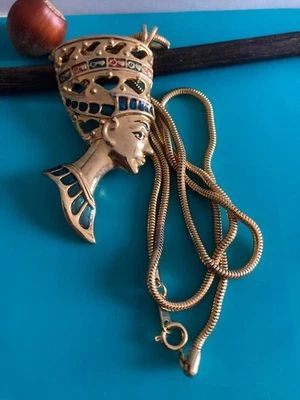 Vintage Collier Chaine Gros Pendentif Nefertiti Doré et Email Egypte Egyptomania - Photo 1/4