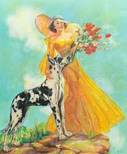 Pals, Vintage 1937 Irene Patten Calendar Pin-Up Print, Beauty and Great Dane Dog