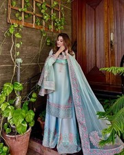 Stunning Sky Blue Roman Silk Top Palazzo And Dupatta For Traditional Wear