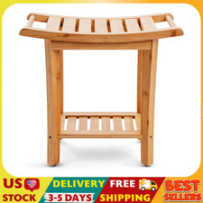 Bamboo Shower Bench with Handles and Shelf   Waterproof Stool for Inside Shower,