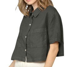 FILOSOFIA Dark Gray Linen BOXY BUTTON-UP SHIRT TOP Linen Cropped Lagenlook XS