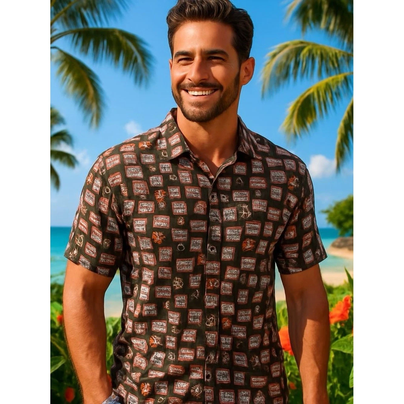 Caribbean Men's Hawaiian Shirt XL Tapa Floral Coconut Buttons 100% Rayon