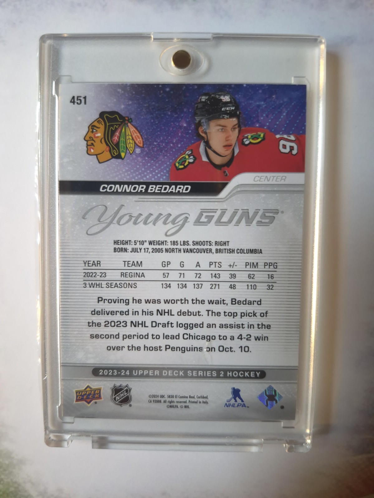 2023-24 Upper Deck Connor Bedard Young Guns Silver Outburst RC #451 Blackhawks view 2