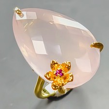 Jewelry gems 36 ct+ Natural Rose Quartz Ring 925 Sterling Silver Size 9 /R439009