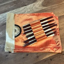 Asian Placemats Chopsticks & Napkins Set Orange &Tan Table Setting For 6 New
