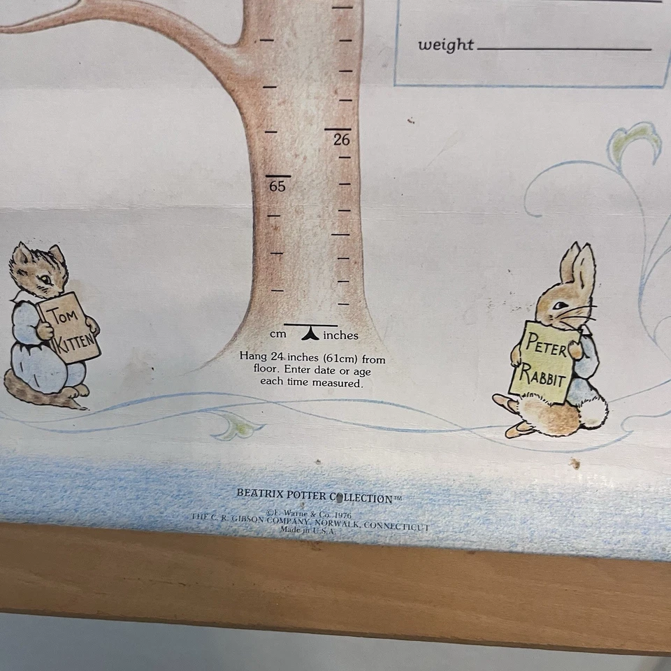 Arte de pared colgante vintage de Beatrix Potter tabla de crecimiento Peter Rabbit bebé guardería 1976 Foto 2 de 4
