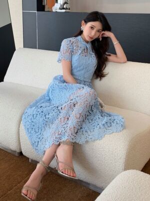 mid calf lace dress A-line Lace Homecoming Dress Mid-length High Neck Prom Dress 20276 White / 20W
