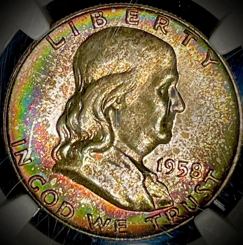 1958-D Franklin Half Dollar MS66+ FBL NGC with Rainbow Toning 