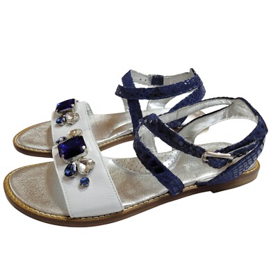 Monnalissa Girls Blue And White Studded Strappy Sandals Sz EU 35, US 5