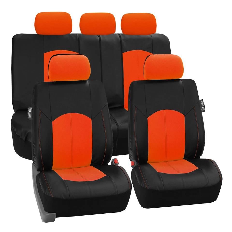 Juego de funda de asiento de coche de cuero PU negro naranja reposacabezas juego de alfombrillas Foto 2 de 4