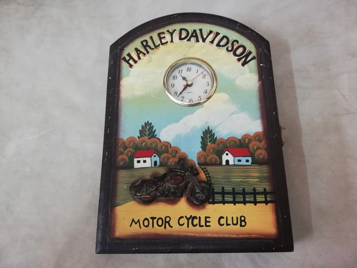 Vtg Rare 3D Harley Davidson Art Key Hooks Wall Wooden Cabinet Box Holder Clock