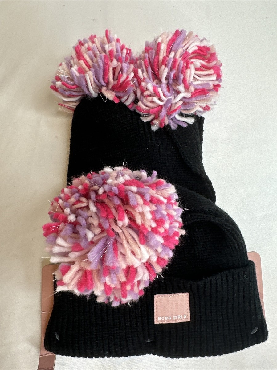 BCBG Girls Hat Scarf Pom Pom Set Pink Metallic Sparkle NEW Black Winter