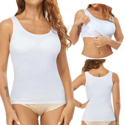 TANK TOP Womens Stretch Long Workout Fitness Sport Yoga Built in Bra Basic Top - Picture 26 of 61