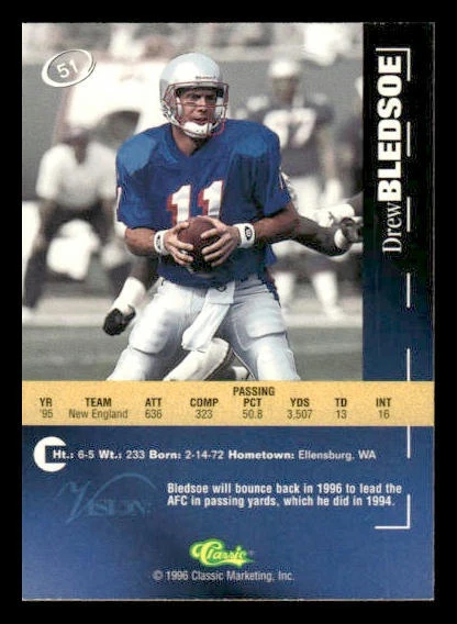 1996 Classic Visions #51 Drew Bledsoe New England Patriots - Image 2 of 2