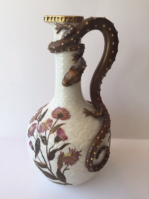 SIGNED ROYAL WORCESTER HAND PAINTED DRAGON HANDLED GILT EWER   CIRCA 1887