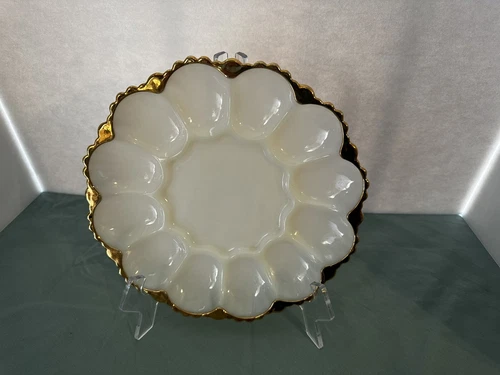Anchor Hocking Fire King Milk Glass Gold Trim Egg Plate