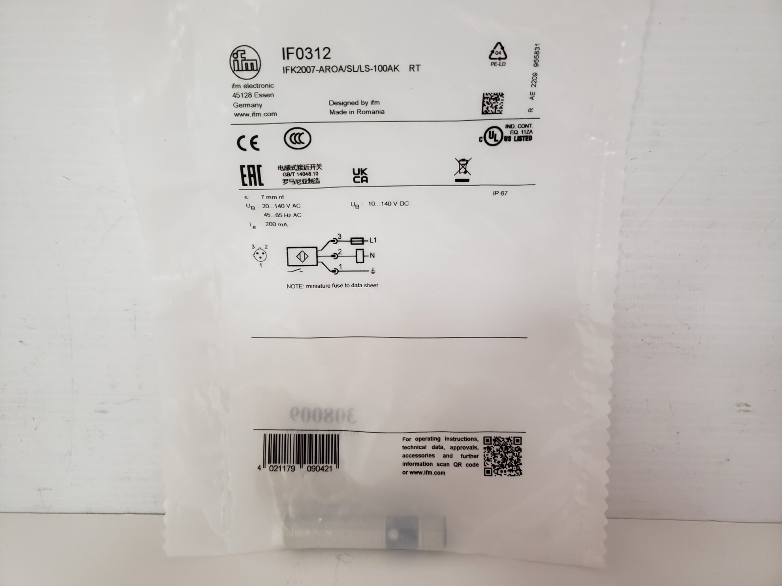 IFM ELECTRONIC IFK2007-AROA/SL/LS-100AK RT PROXIMITY SENSOR (IF0312) NIB