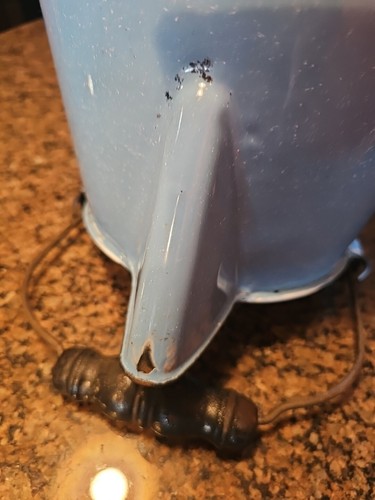 RARE Vintage Large Robin Egg Blue Enamelware Kettle 11.5x10” Wooden Wired Handle - Picture 19 of 19